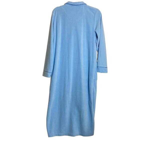 Vintage Blue Lightweight Fleece Long Robe Sz M Embroidered Pockets Snap Unworn - Picture 2 of 9